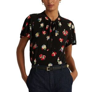 LAUREN RALPH LAUREN Womens Black Floral Flutter Sleeve Tie Neck Blouse 3X